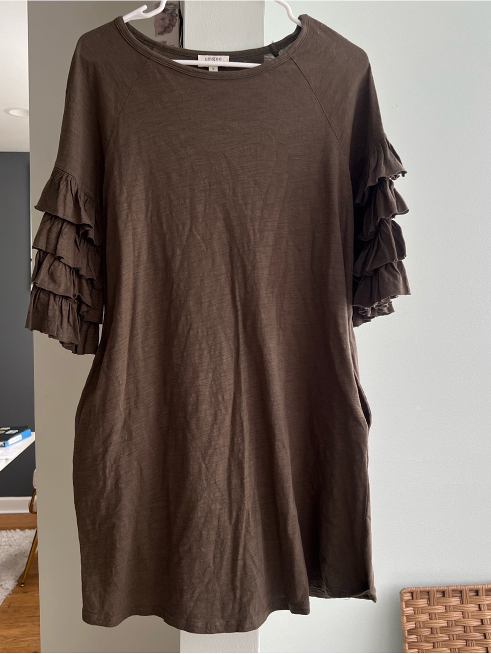 Anthropologie Umgee Dress Knit Tiered 3/4 Ruffle Sleeve Army Green Pockets S